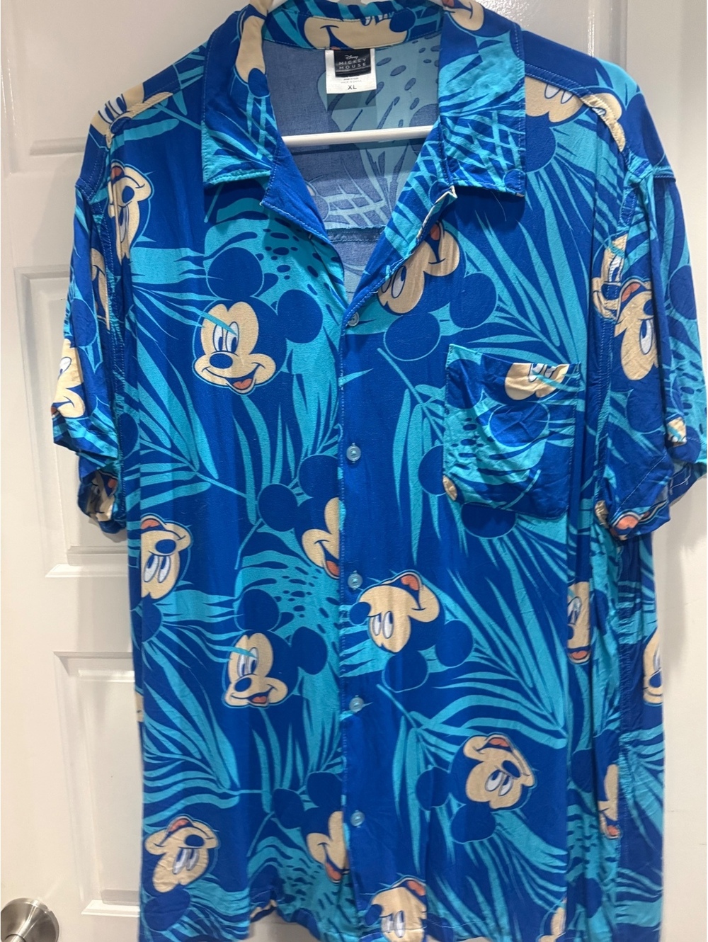 XL men’s Blue Hawaiian Shirt with Mickey Mouse Print, Short Sleeve, Button-Up